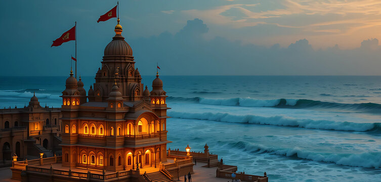 Dwarkadhish Temple by the Arabian Sea during evening prayer, sandstone architecture glowing in orange light, temple flags waving in ocean breeze, crashing waves in the background,.