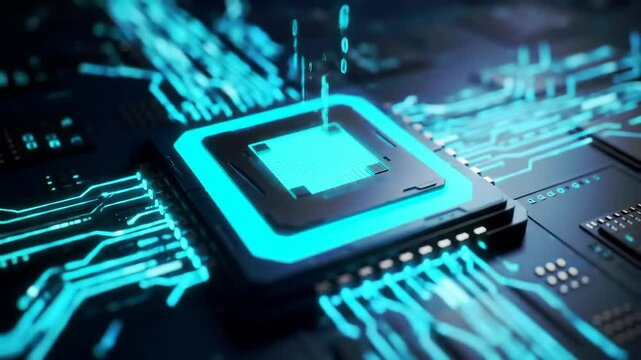 advanced glowing processor chip with circuit pins and data streams.ai generative technology