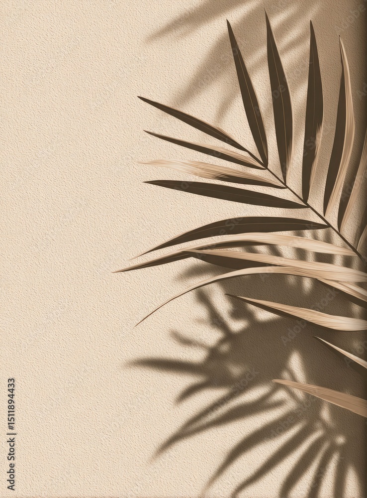 Poster neutral textured background with palm leaf and shadow overlay for mockups and creative projects