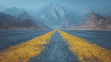 Image shows straight, empty rural road with yellow lines running down center, leading towards distant mountains clear sky