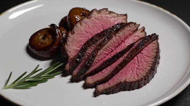 Prime rib elegance with juicy beef steak, grilled and sliced, gourmet plate with rosemary, mushroom garnish, and simple compose