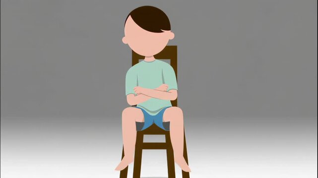 Cartoon boy sitting on a wooden chair with arms crossed on his chest