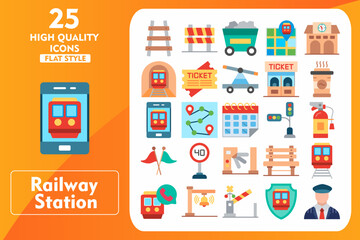 Railway Station Flat Icon Set. Incleded Icons Railroad, Route, Bench, Train, Call Center, Bell, Level Crossing, Safety, Driver, Barrier, Trolley, Railway Station. Vector Icons Collection