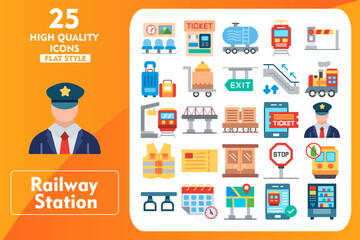 Railway Station Flat Icon Set. Incleded Icons Waiting Room, Ticket Machine, Tanker, Electric Train, Checkpoint, Luggage, Food Service, Exit, Escalator. Vector Icons Collection