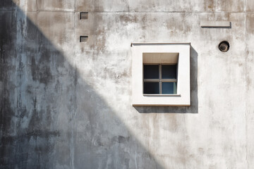 Concrete wall with square window as minimalist architectural element. Detail of urban design, geometry and contemporary structure