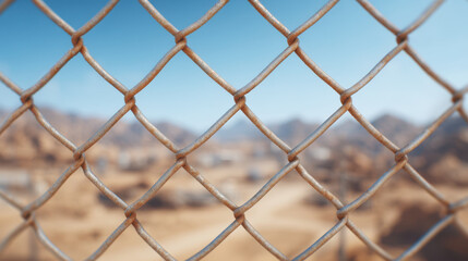 Fototapeta premium Desert landscape viewed through chain link fence with mountains in background