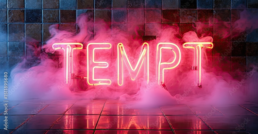Poster neon sign spells tempt amid smoke. tiled floor reflects light, creating dramatic mood. dark backgrou
