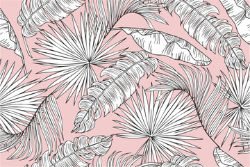 Summer bright seamless pattern with tropical leaves and plants on pastel pink background. Vector design. Jungle print. Textiles and printing. Floral background.