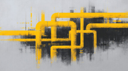 Image features abstract composition of interconnected yellow pipes or lines textured gray background, creating modern