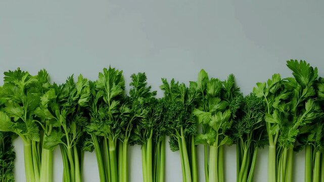 Fresh Green Celery and Parsley Stalks in a Row on Gray Background