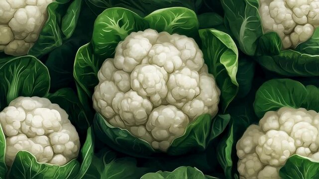 Abundant Harvest Close-Up of Fresh Cauliflowers in Lush Green Foliage