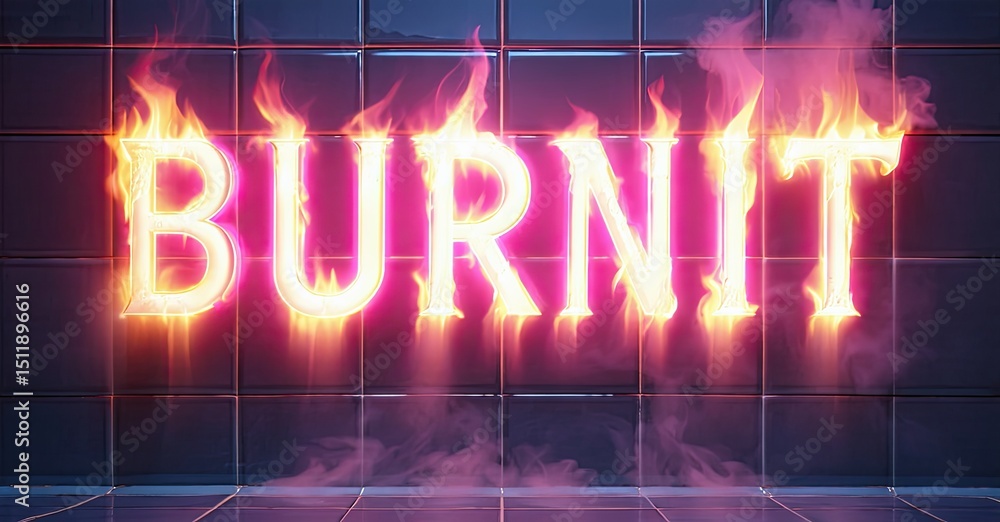 Aufkleber Fiery text spells BURNIT against tiled wall. Smoke rises, creating dramatic visual effect. Bright colors dominate composition.