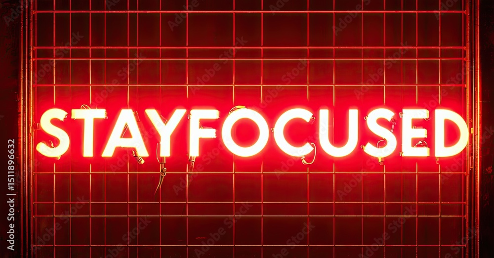 Aufkleber bright red neon sign displays stayfocused against grid background. dark surroundings emphasize glowi