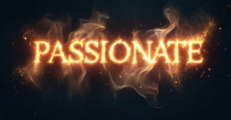 Fiery text spells passionate. Bright orange glows emanate from lettering, surrounded by smoke, dark background present.
