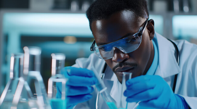 Medical bio laboratory, Research, Science test technology. Pharmaceutical lab specialist examines medicine vials, hospital patient samples. Medical student conducts research. Realistic style photo