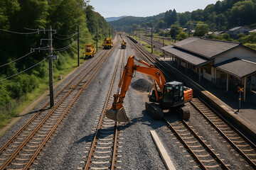 地方駅構内で行われる鉄道工事と重機による線路整備作業の風景
