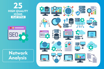 Fototapeta premium Network Analysis Flat Icon Set. Incleded Icons Data Management, Dataset, Lan, Cloud Processing, Loading, Network Connection. Vector Icons Collection