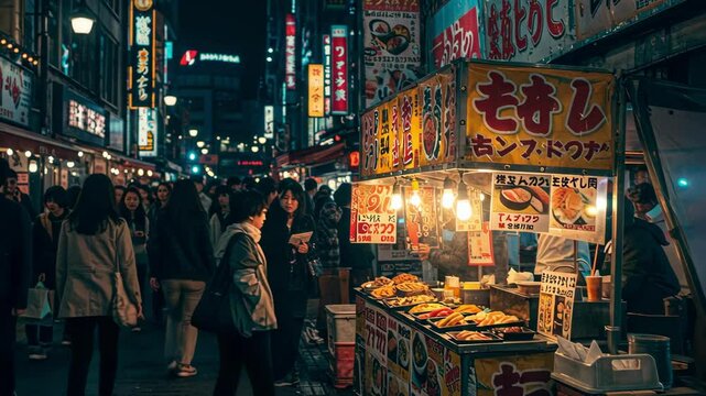 Night street scene in Japan with people and a food stall.