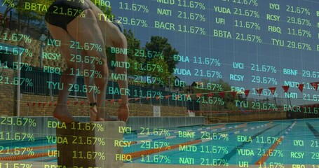 Signal cue launching male swimmer from block into pool amid financial data shifting overhead - Powered by Adobe