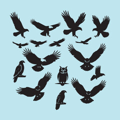 Set of black bird' vector icon silhouettes isolated on white background