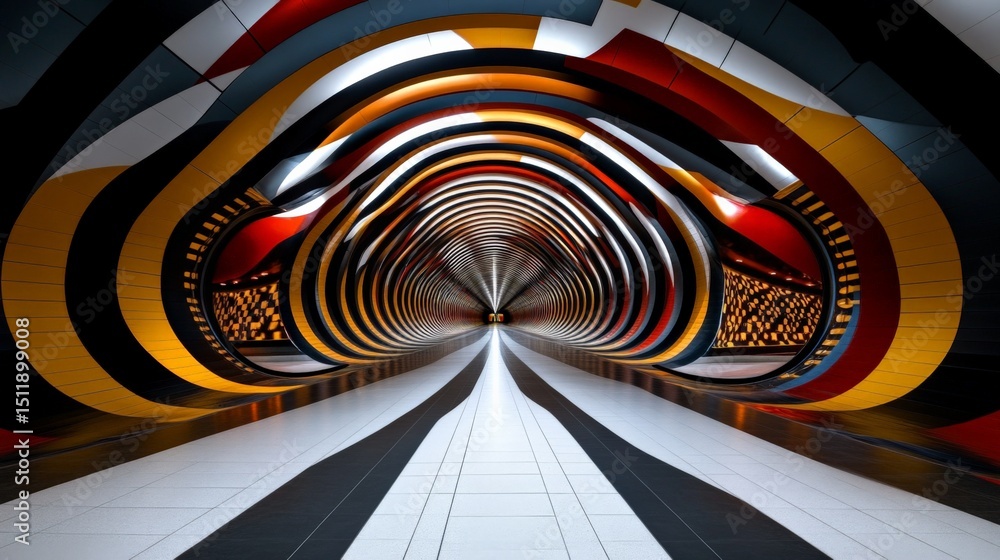 Poster Futuristic tunnel with vibrant curved patterns and dynamic lighting effects