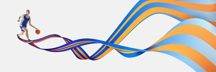 Abstract art collage. Female basketball player dribbles midair while orange-blue ribbons swirl beside her, visualizing power and athletic rhythm. Concept of professional sport, motion, grace