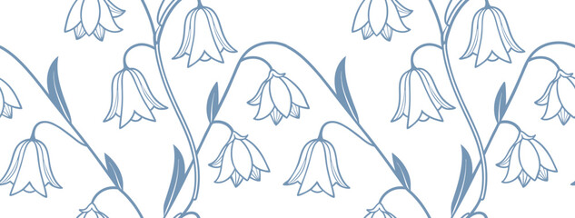 Seamless bellflower pattern in soft blue tones on a white background. Ideal for textiles, wrapping paper, or digital design. Delicate floral line art with elegant hanging blossoms.