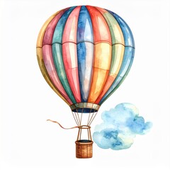 Obraz premium A colorful hot air balloon floats peacefully with a light blue watercolor cloud isolated on white background.