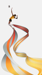 Surreal art design. Female volleyball player jumps with outstretched arm as red-orange ribbons twist above, illustrating athletic power, motion. Concept of volleyball, power, motion