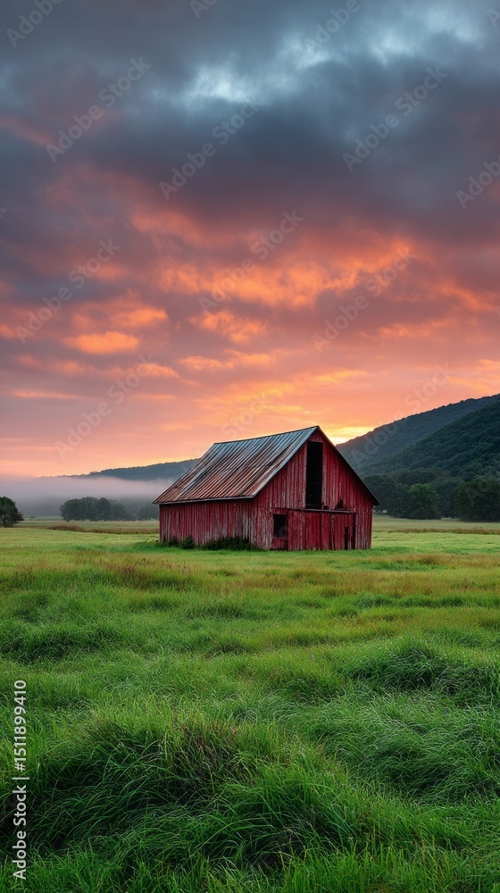 Poster a charming red barn sits in a vibrant green meadow beneath a colorful sunset sky. dark clouds loom, 