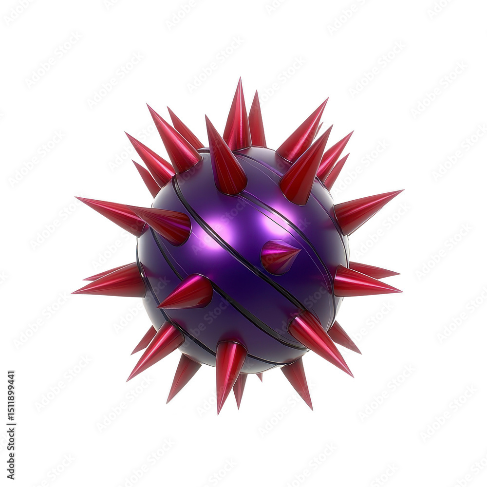 Poster spiky purple sphere with red spikes, resembling virus or abstract 3d object, isolated on transparenc