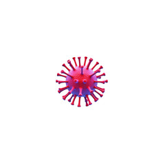 3D illustration of virus particle with spherical shape, featuring spike proteins in red and purple hues, isolated on transparency background