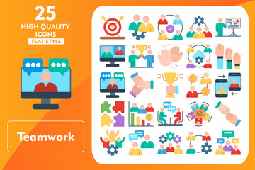 Fototapeta premium Teamwork Flat Icon Set. Incleded Icons Goal, United, Round Table, Help, Team Support, Discussion, Team Management, Collaborative, Representative. Vector Icons Collection