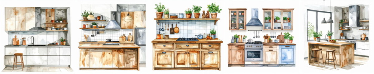 Five watercolor kitchen designs featu rustic and modern elements shown isolated on white background..