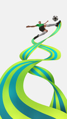 Creative artwork. Football player kicks ball mid-air while green and cyan spirals frame his pose,...