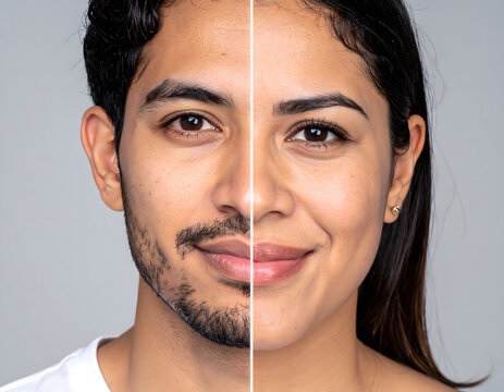 side by side portrait of the same person in male and female versions. Both wear white shirts with dark pulled-back hair, against a neutral backdrop, emphasizing transformation and identity exploration