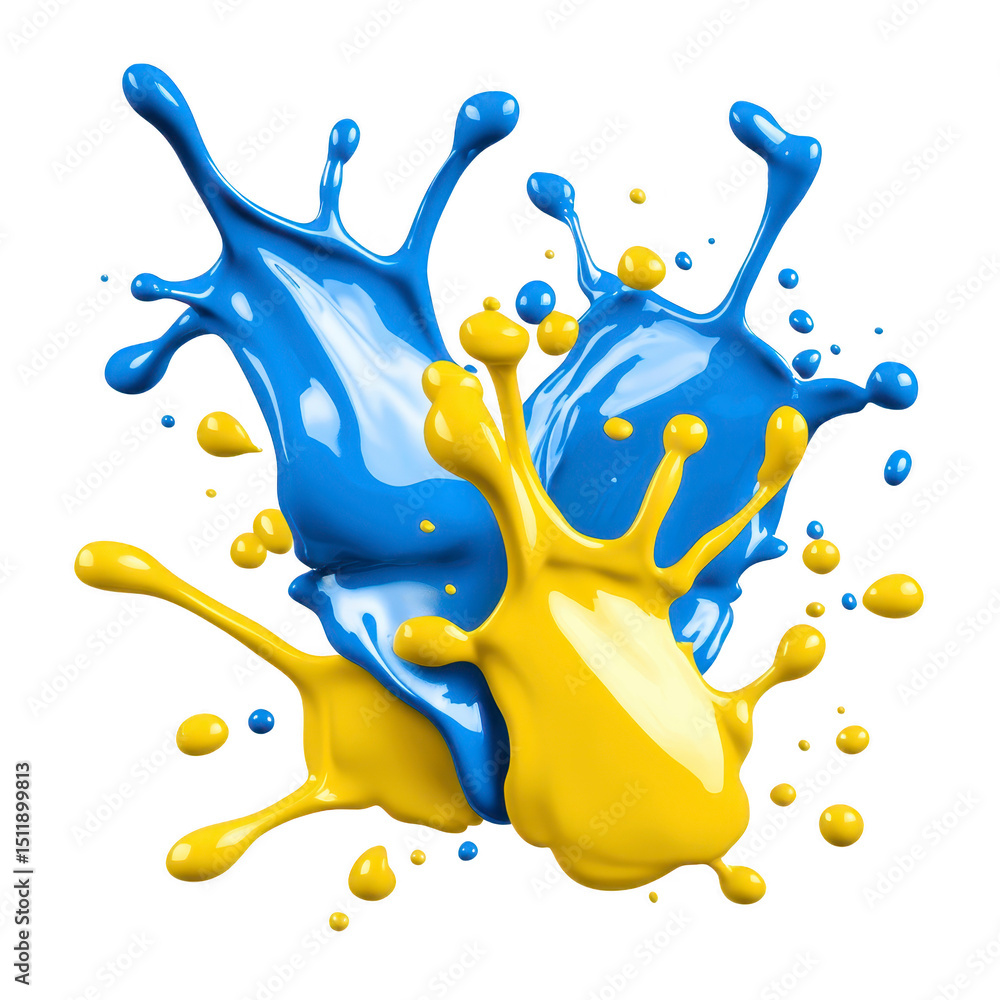 Poster blue and yellow paint splashes collide in mid air, creating dynamic and vibrant abstract composition