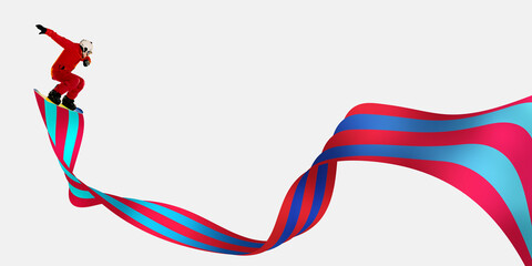 Creative artwork. Snowboarder rides across floating cyan and red ribbons as if sliding through...