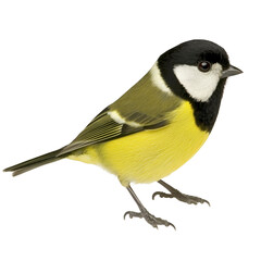 Obraz premium Vibrant illustration of great tit bird, showcasing its distinctive black head, white cheeks, and bright yellow underparts. bird is perched, highlighting its detailed plumage and natural beauty