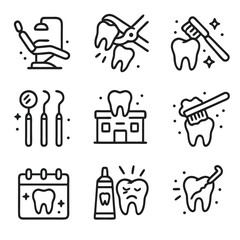 Set of nine dental icons for dentistry websites, social media posts, educational materials, and medical presentations. Visually represents dental concepts.