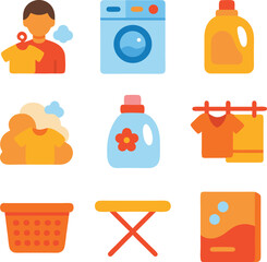 Laundry detergent bottle, basket and washing machine. Suitable for household cleaning product ads, laundry room blogs, and household graphics.