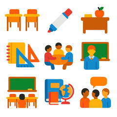 A colorful and diverse collection of educational icons representing various aspects of the classroom and learning environment.