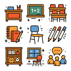 Classroom items and furniture like desks, chairs, whiteboard, and books. Ideal for educational and schoolrelated projects and designs