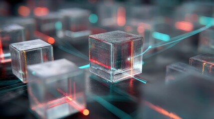 Abstract digital technology concept with illuminated geometric shapes and networks.