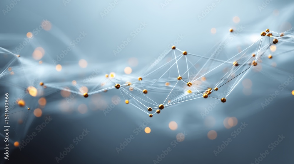 Poster abstract visualization of network connections with glowing nodes and lines in a dynamic digital spac