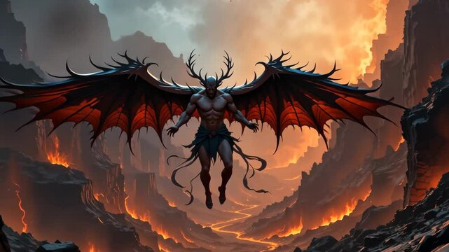 Winged demon with horns flying over lava mountains at sunset in fiery fantasy world. Concept of dark mythological creature