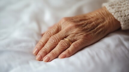Fototapeta premium An aged hand resting gently on soft fabric, symbolizing care, wisdom, and the beauty of human experience.