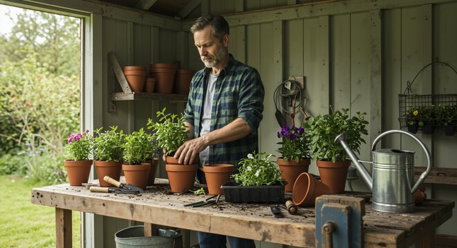 Middle-aged Caucasian man potting plants in a rustic garden shed. Gardener working with terracotta pots and soil. Hobby and leisure activity outdoors.