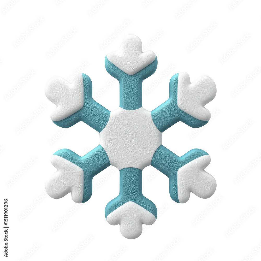 Poster 3d illustration of snowflake with blue and white color scheme, featuring symmetrical design and soft