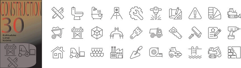 Collection of editable stroke construction icons in a clean design, featuring tools, structures, and safety equipment.